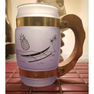 Vintage MCM Blue Siesta Ware Frosted Hawaiian Polynesian Tiki Mug Wood Handle 5"